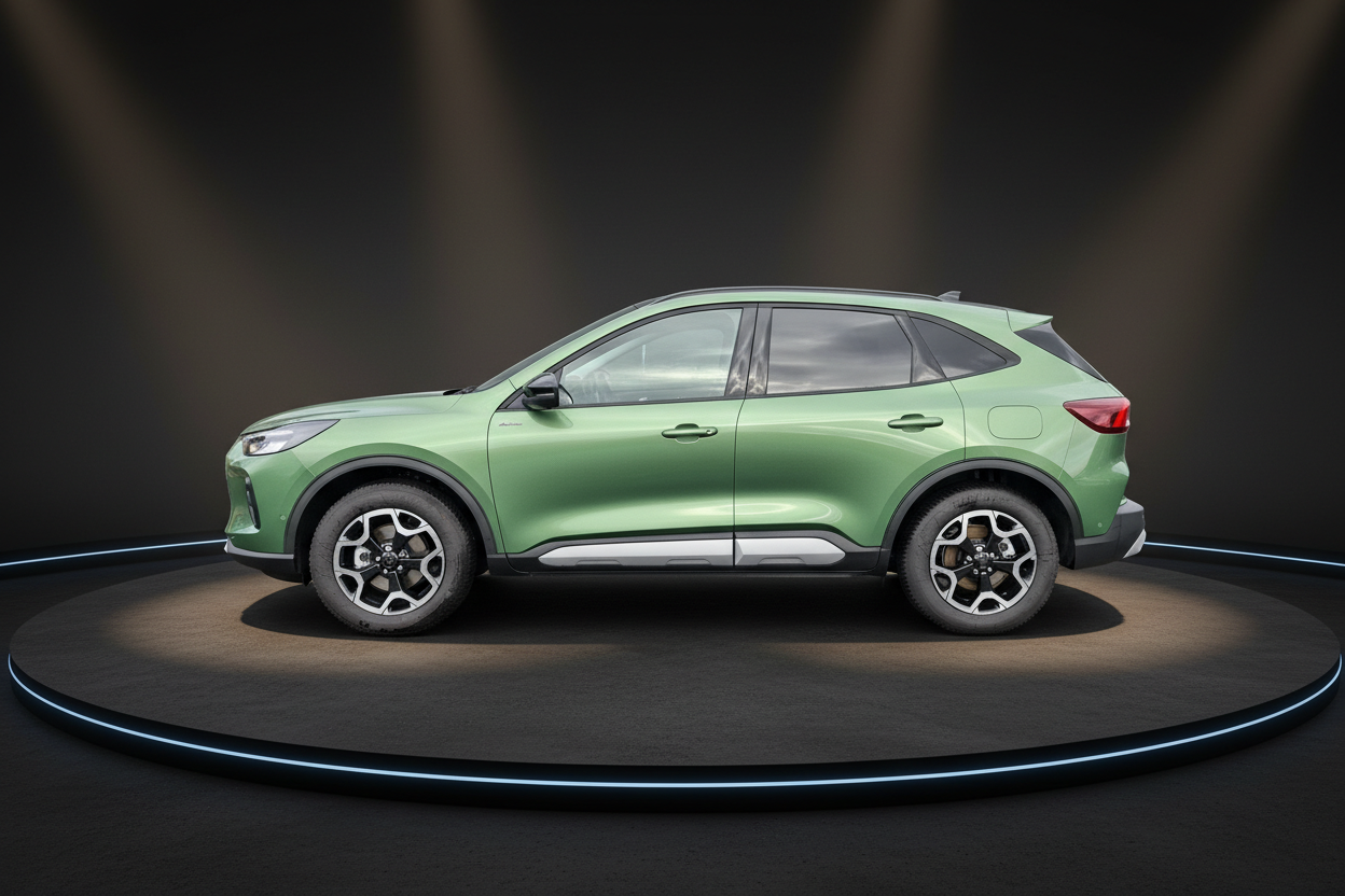 Grüner Ford Puma Seitenansicht im Showroom auf Drehbühne mit Studiobeleuchtung