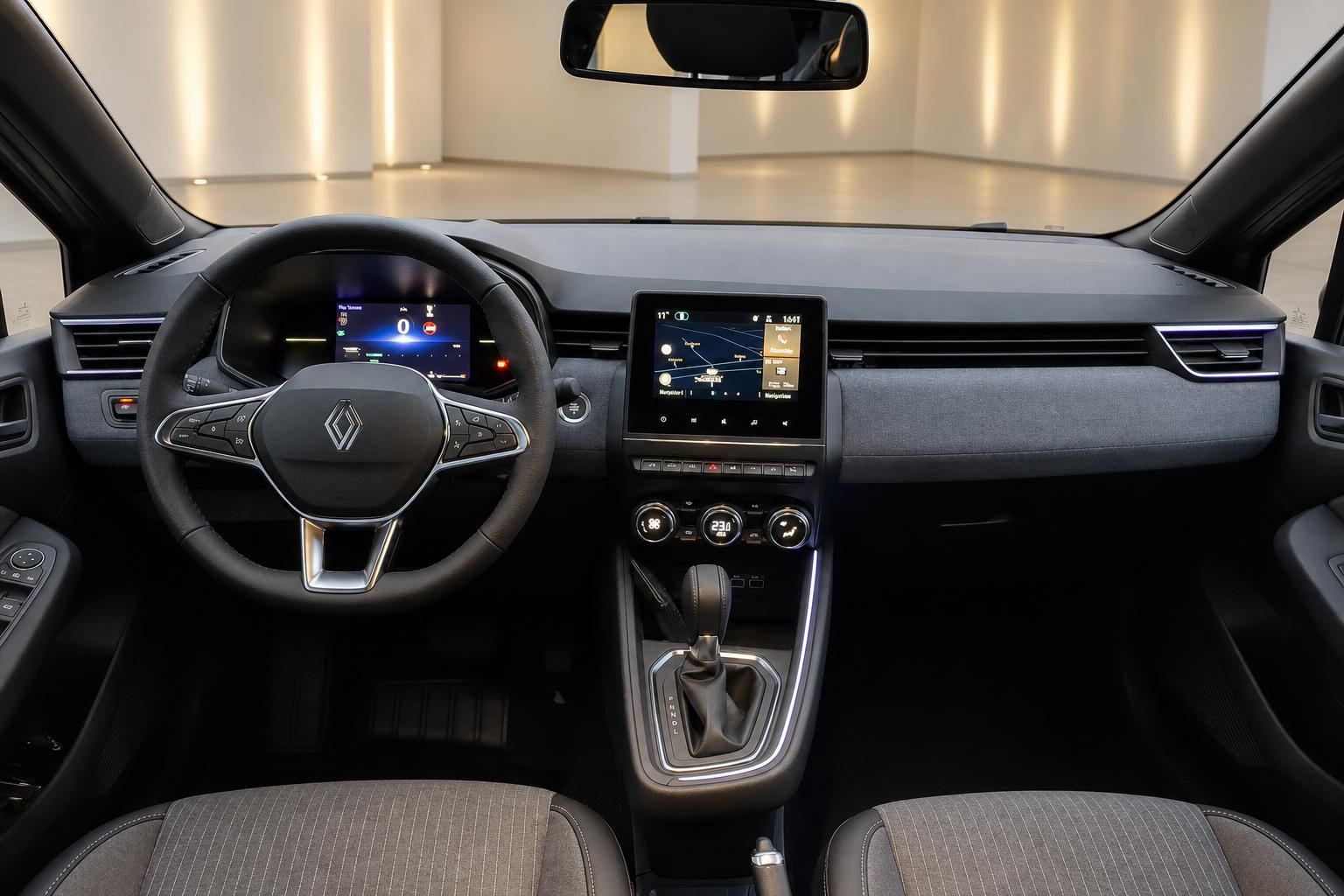 Renault Clio Innenraum schwarz mit Multimediasystem, Lenkrad und Automatikgetriebe