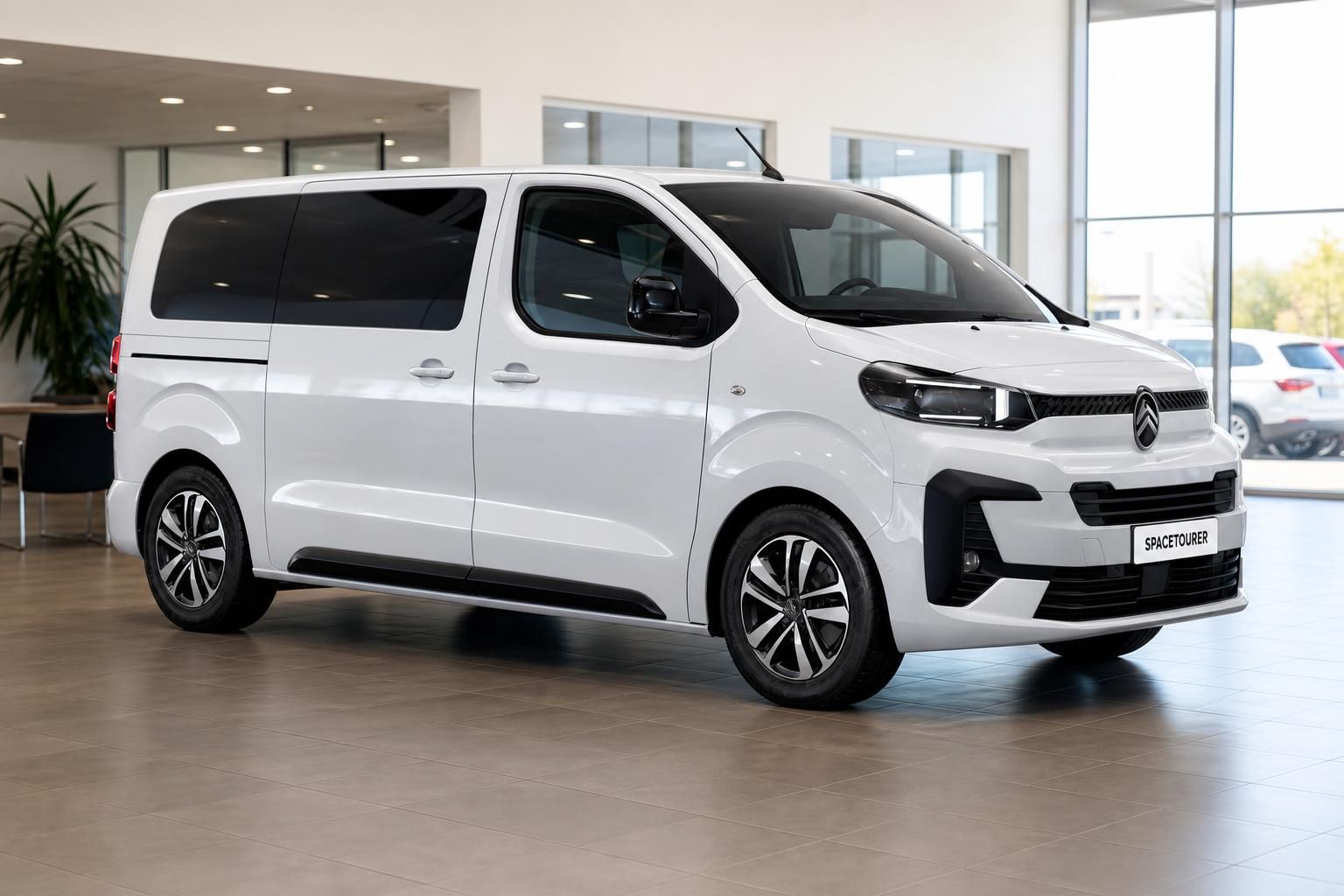 Citroën Spacetourer weiss Dreiviertelansicht vorne im Showroom – Familienvan