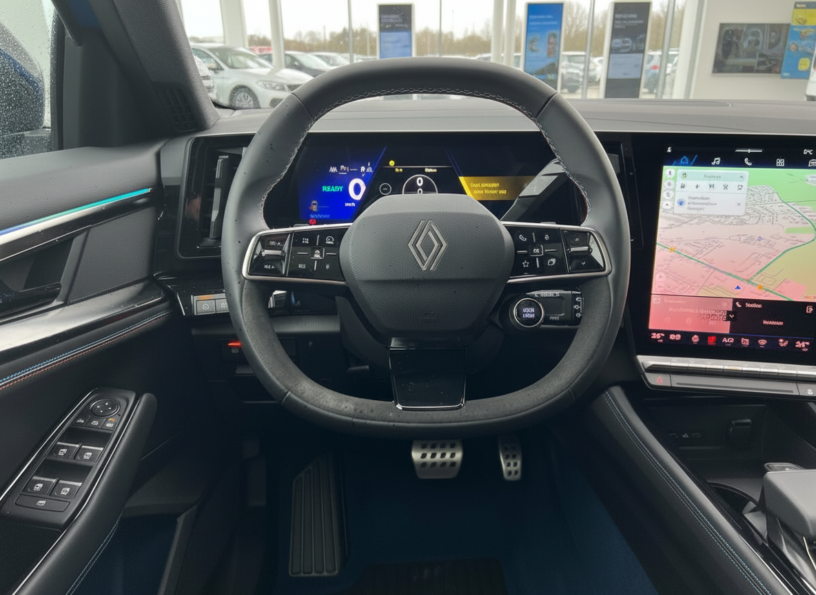 Renault Innenraum mit Lenkrad, digitalem Cockpit und großem Touchscreen-Navigationssystem
