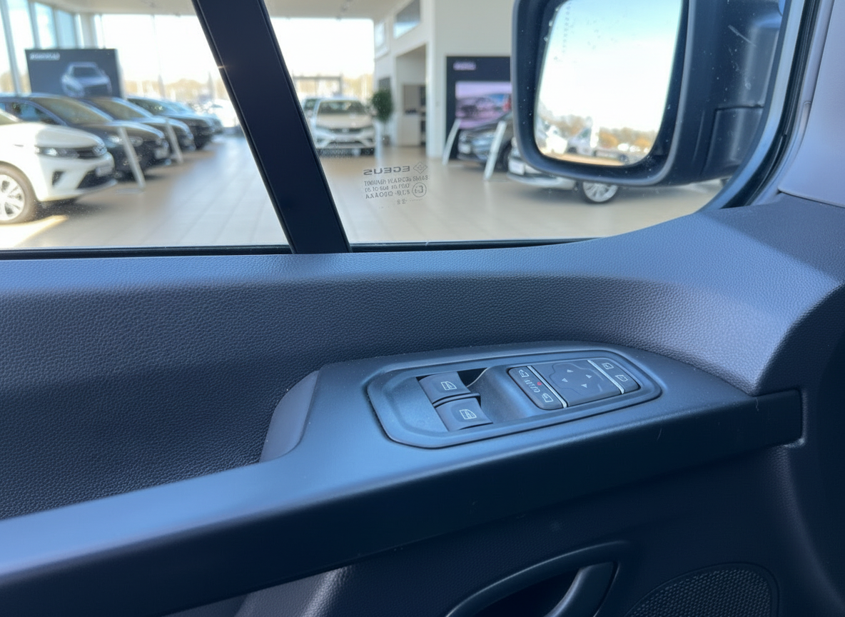 Fahrzeuginnenraum Fahrertür mit Fensterheber und Spiegelverstellung im Autohaus