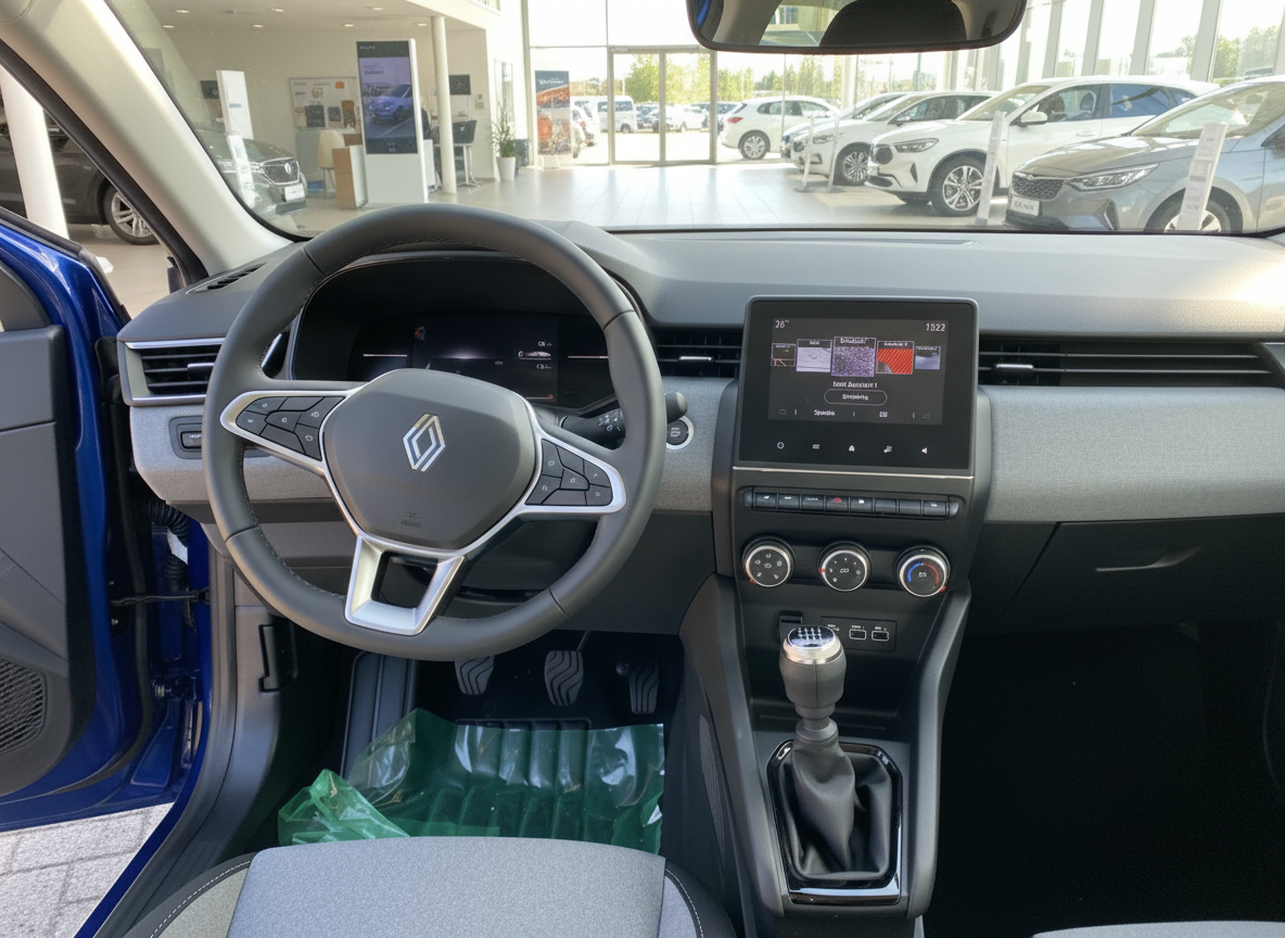 Renault Clio Innenraum mit Lenkrad, Touchscreen-Infotainment und Schaltgetriebe im Autohaus