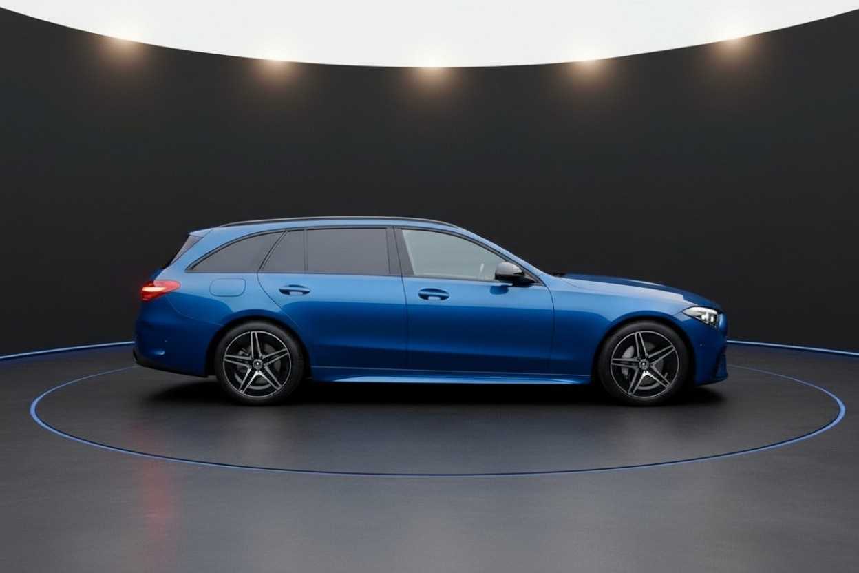 Mercedes-Benz C-Klasse T-Modell in Spektralblau – Seitenansicht im Showroom