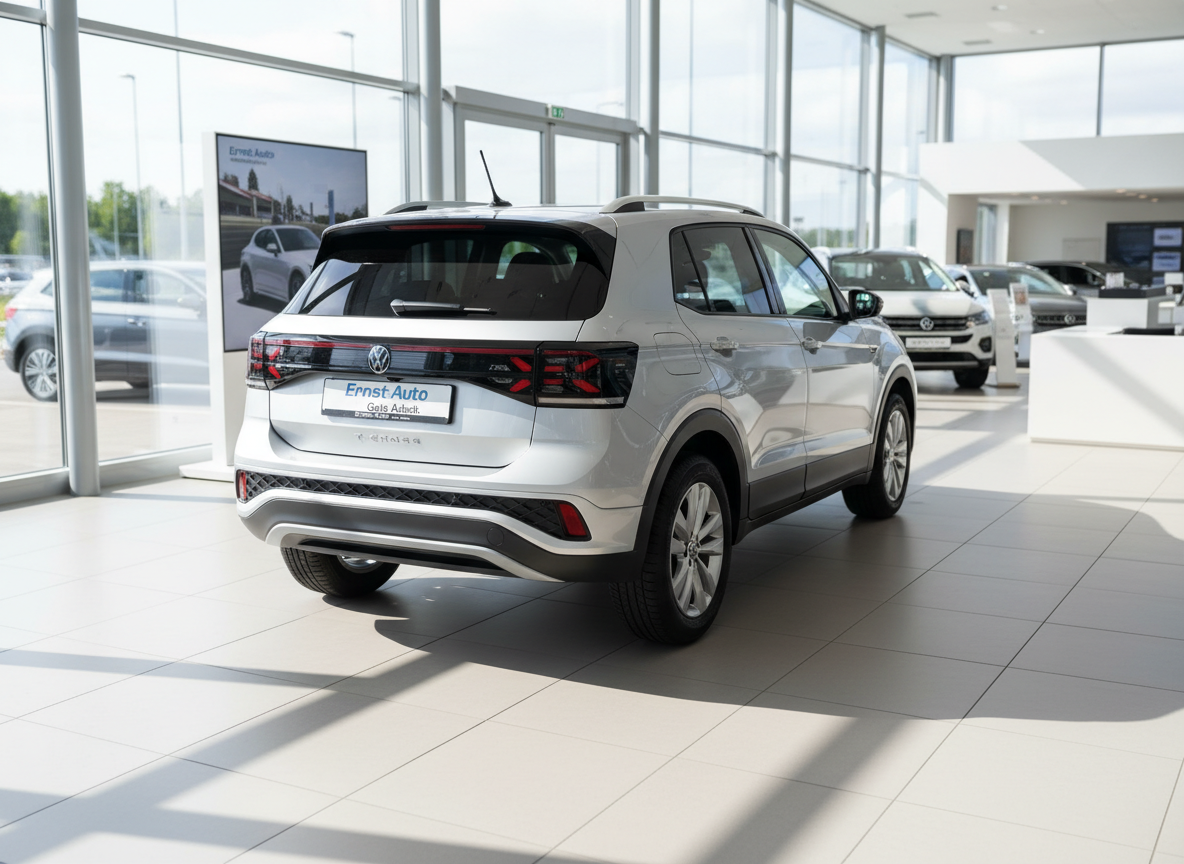 Volkswagen T-Cross silber Heckansicht im Autohaus Ernst Auto