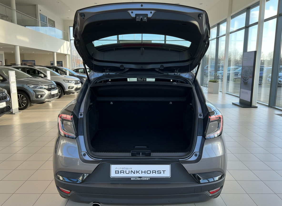 Grauer Kompaktwagen mit geöffneter Heckklappe im Autohaus Brunkhorst Showroom