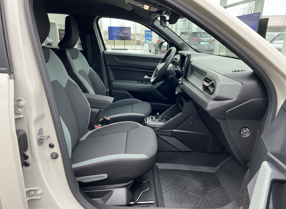 Dacia Duster Innenraum Vordersitze schwarz-grau mit modernem Armaturenbrett