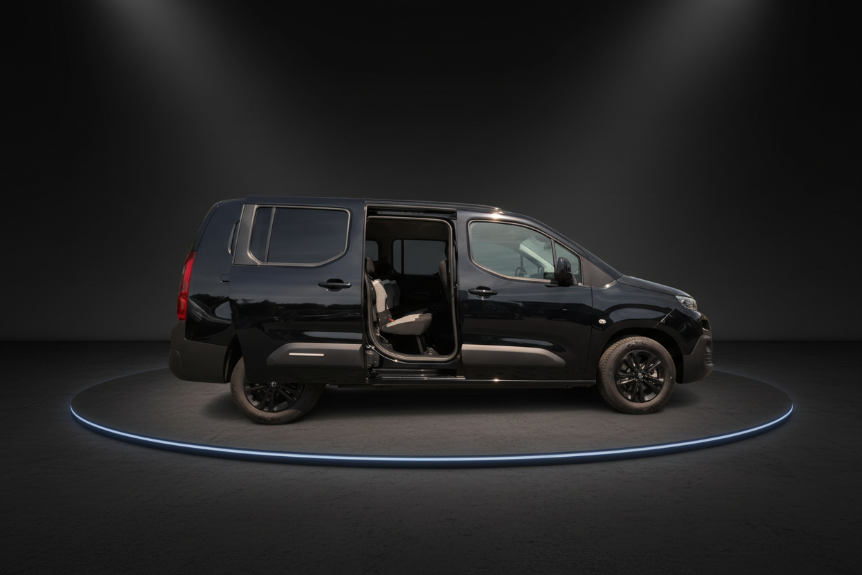 Schwarzer Peugeot Rifter/Partner XL Seitenansicht mit geöffneter Schiebetür im Studio