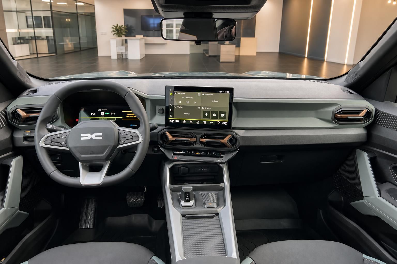 Dacia Fahrzeug Innenraum mit modernem Cockpit, Touchscreen und zweifarbigen Sitzen