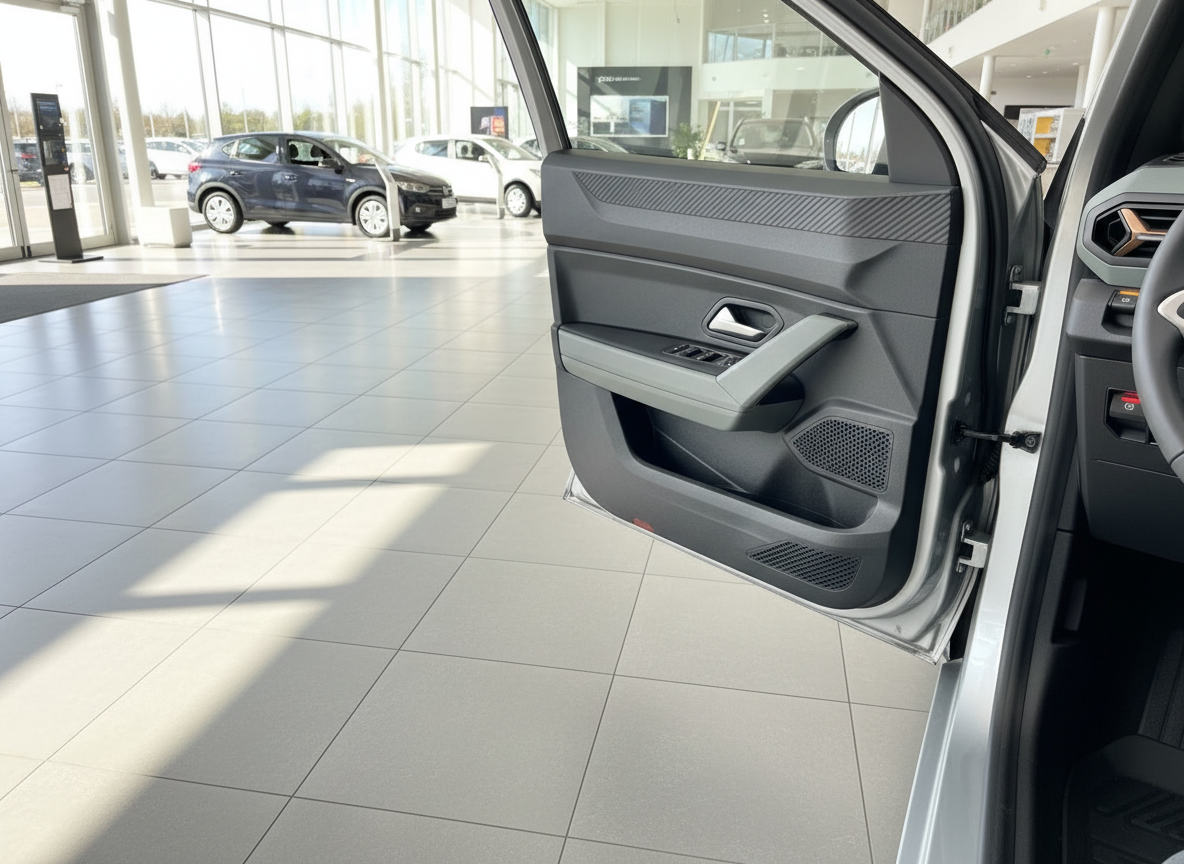 Fahrzeuginnenraum mit geöffneter Fahrertür im Autohaus – Türverkleidung mit Lautsprecher und Fensterheber