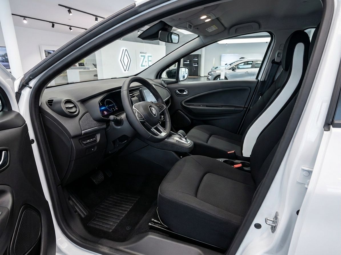 Renault ZOE Innenraum schwarz-weiß mit Lenkrad, Armaturenbrett und Fahrersitz Detailansicht