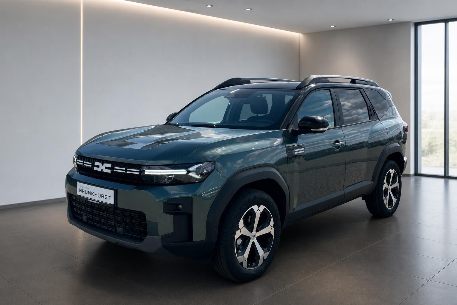 Dacia Bigster SUV in grün-metallic Lackierung im modernen Showroom - Seitenansicht mit markanter Frontpartie