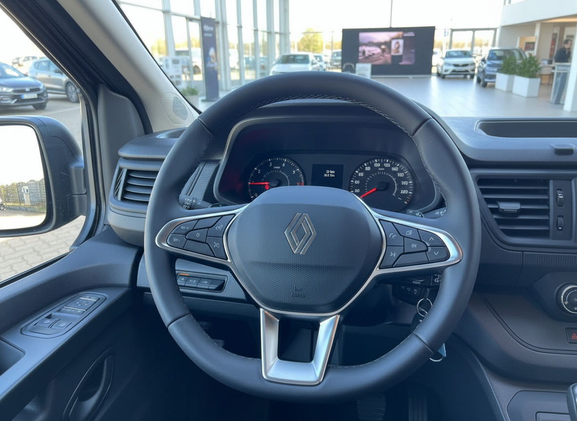 Renault Trafic Innenraum – Lenkrad mit Renault-Logo und Kombiinstrument in modernem Cockpit