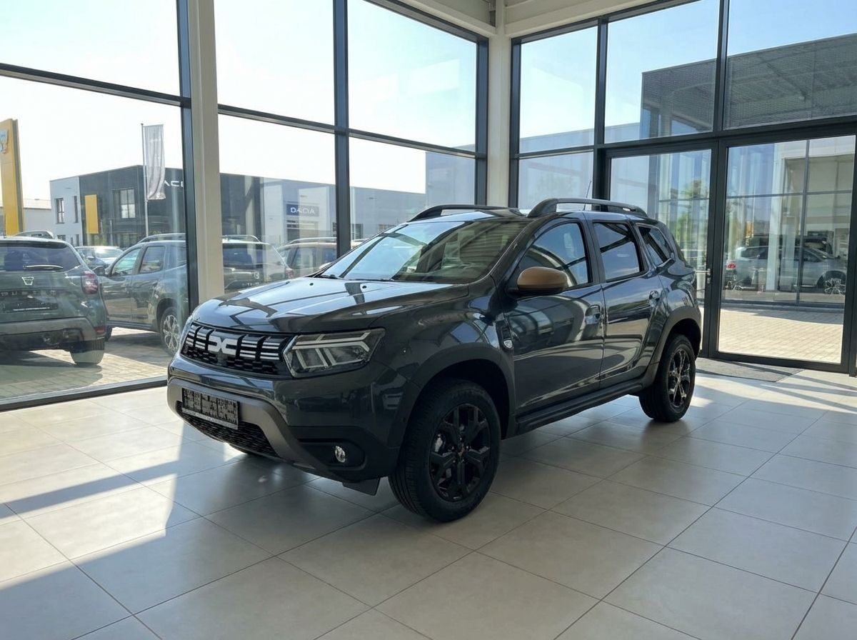 Dacia Duster SUV in Dunkelgrau im Autohaus-Showroom, Frontansicht schräg