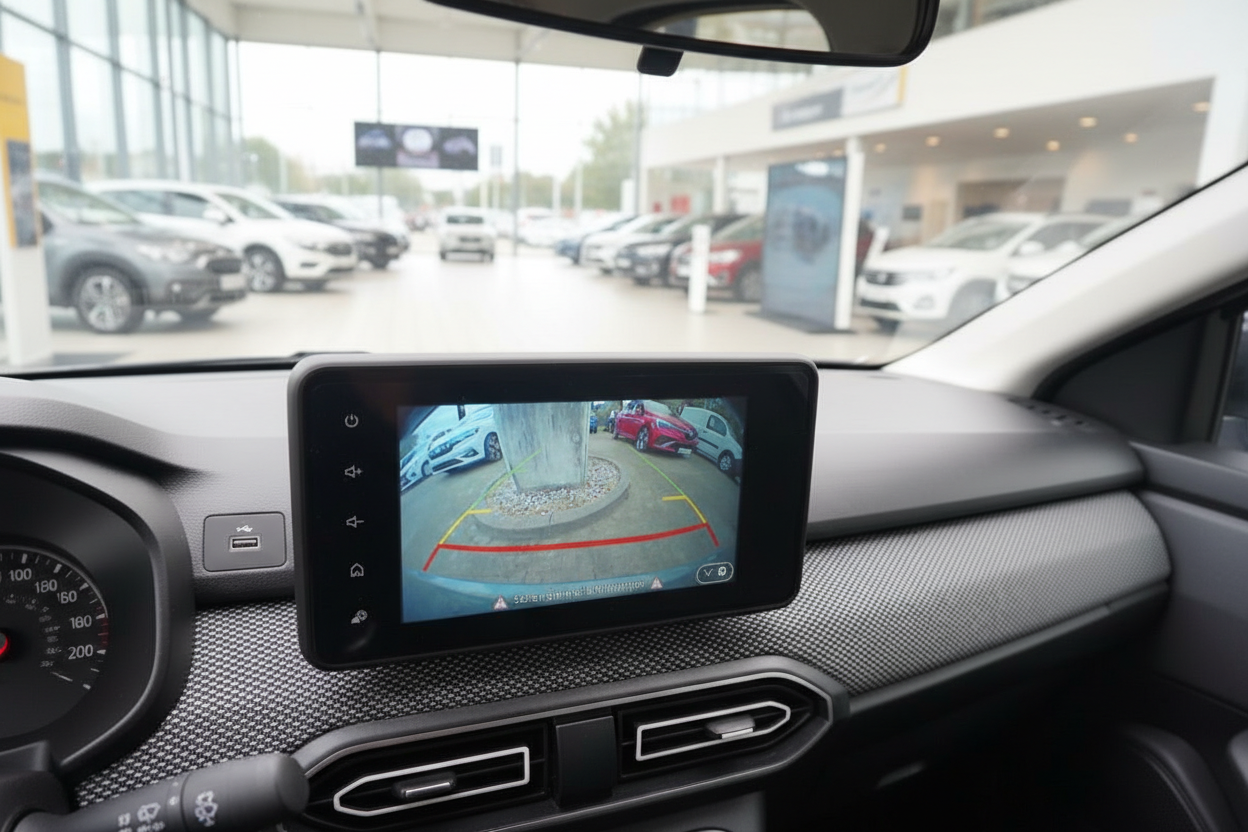 Fahrzeug-Innenraum mit Rückfahrkamera-Display im Autohaus