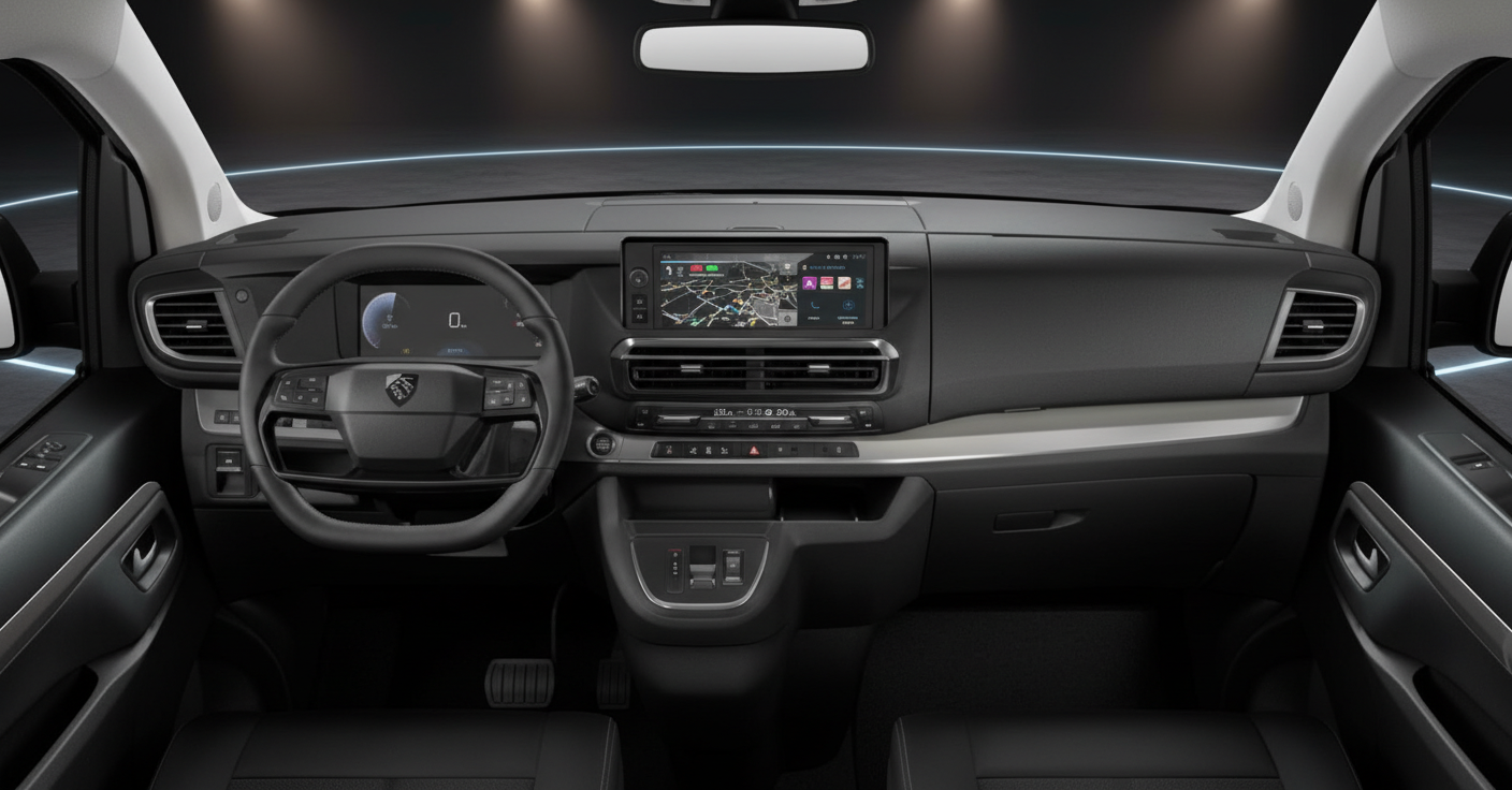 Modernes Fahrzeug-Interieur mit digitalem Cockpit, Navigationssystem und schwarzem Lenkrad