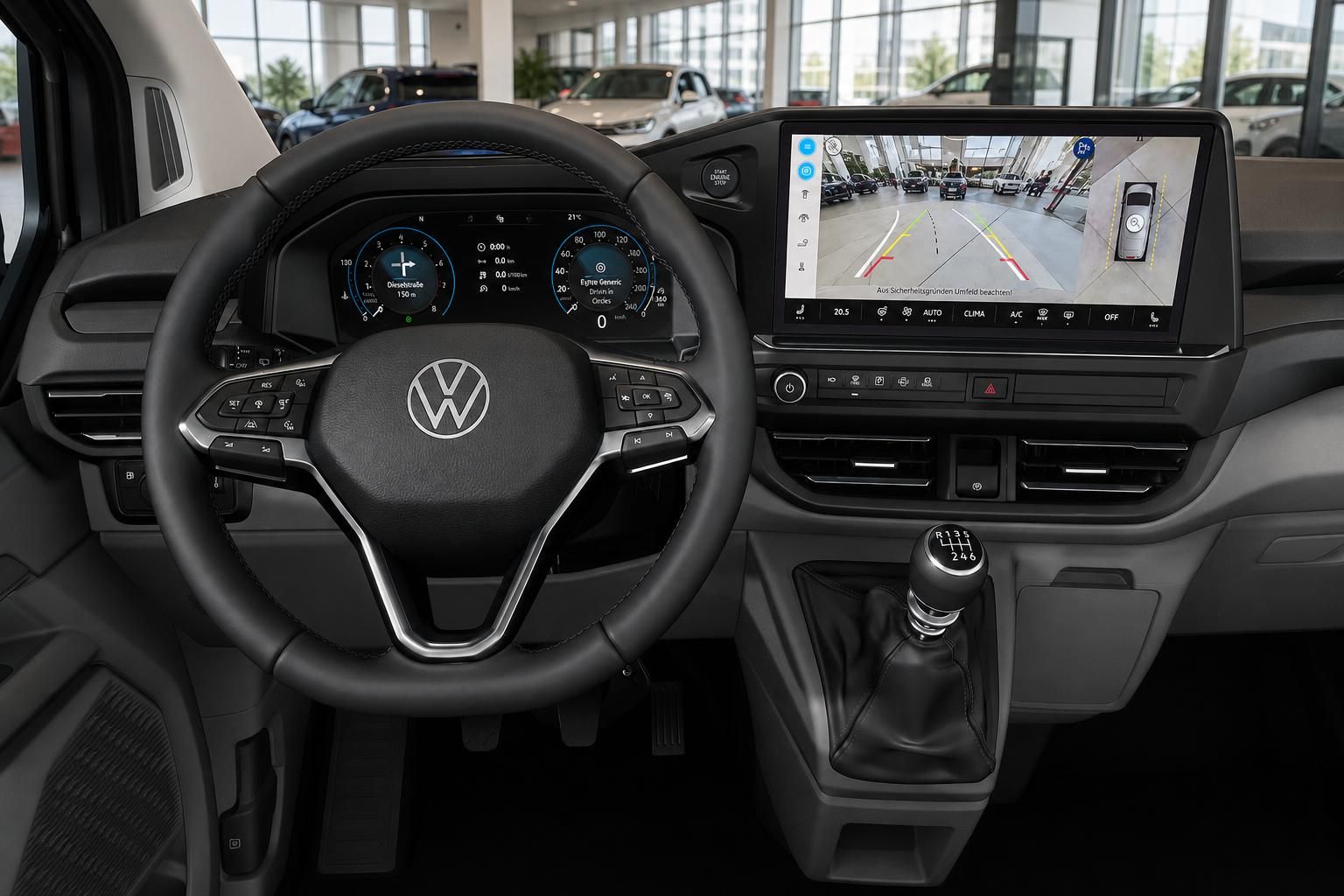 VW Cockpit mit Lenkrad, Digitaltacho und Rückfahrkamera-Display