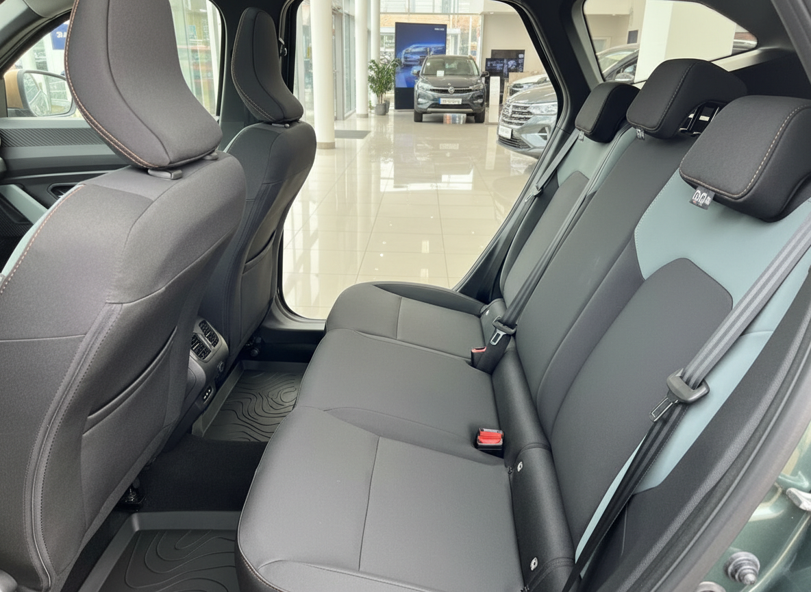 Fahrzeug Innenraum Rücksitzbank mit schwarzen Stoffsitzen und Sicherheitsgurten im Autohaus