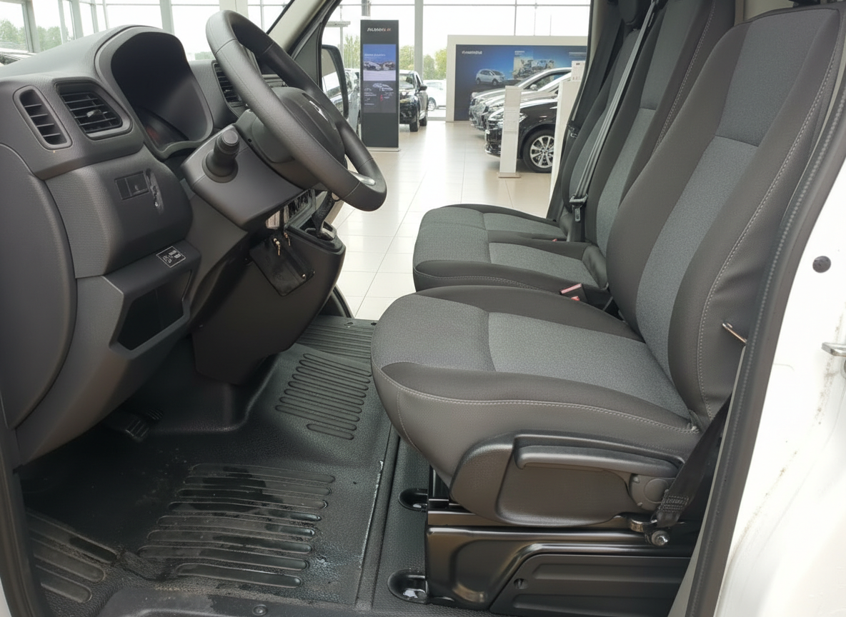 Fahrzeuginnenraum mit grauen Stoffsitzen, Lenkrad und Schaltung – Transporter Cockpit