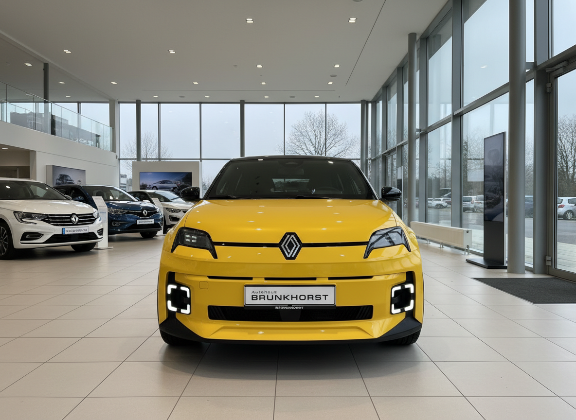 Gelber Renault 5 E-Tech Frontansicht im Autohaus Brunkhorst Showroom
