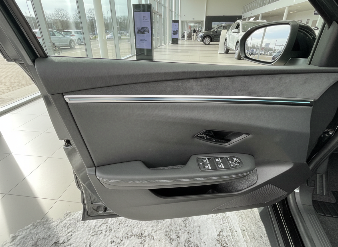 Fahrzeugtür Innenansicht mit Ledertürkarte, Ambientebeleuchtung und Fensterheberschalter im Autohaus