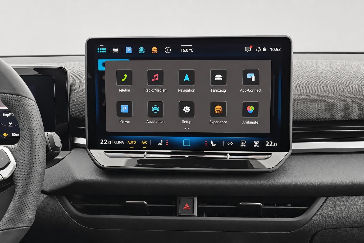 Infotainment-Display im VW mit Menue fuer Navigation und Klima