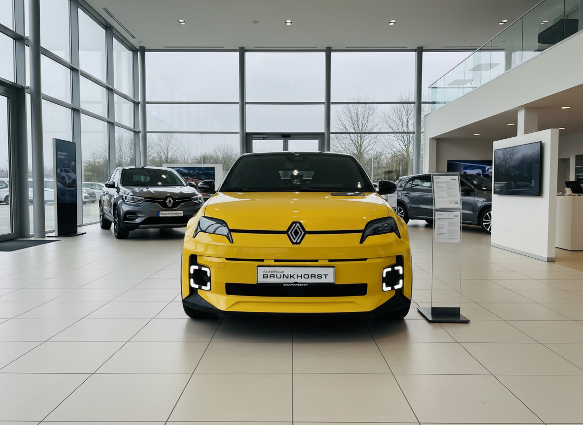 Renault 5 E-Tech Electric in Gelb – Frontansicht im Autohaus Brunkhorst Showroom