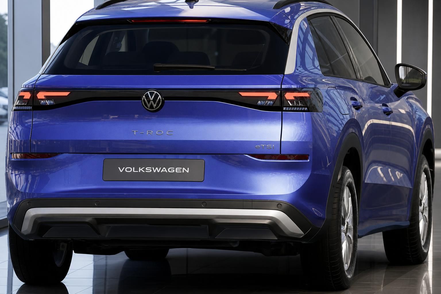 VW T-Roc eTSI blau, Heckansicht mit LED-Rückleuchten im Autohaus