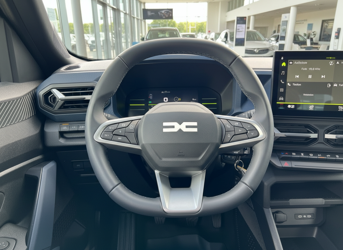 Dacia Innenraum mit Lenkrad, digitalem Cockpit und Infotainment-Bildschirm im Autohaus