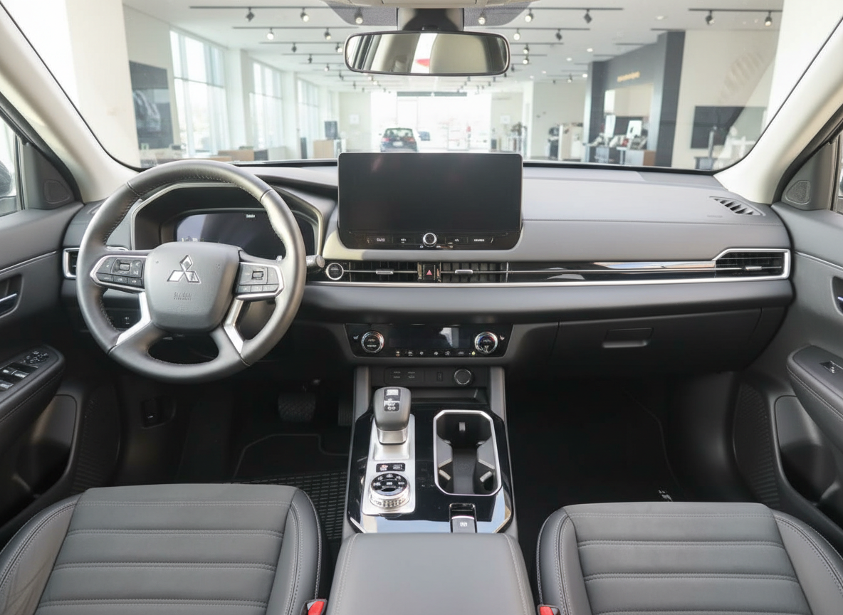Mitsubishi Innenraum mit Ledersitzen, Infotainment-Display und Automatikgetriebe im Autohaus