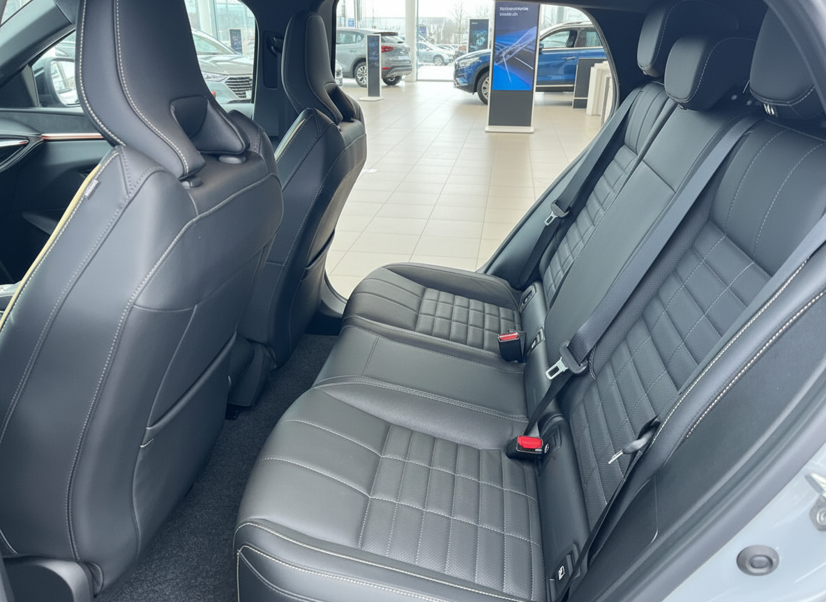 Schwarzes Leder-Innenraum Rücksitzbank eines modernen SUV im Autohaus