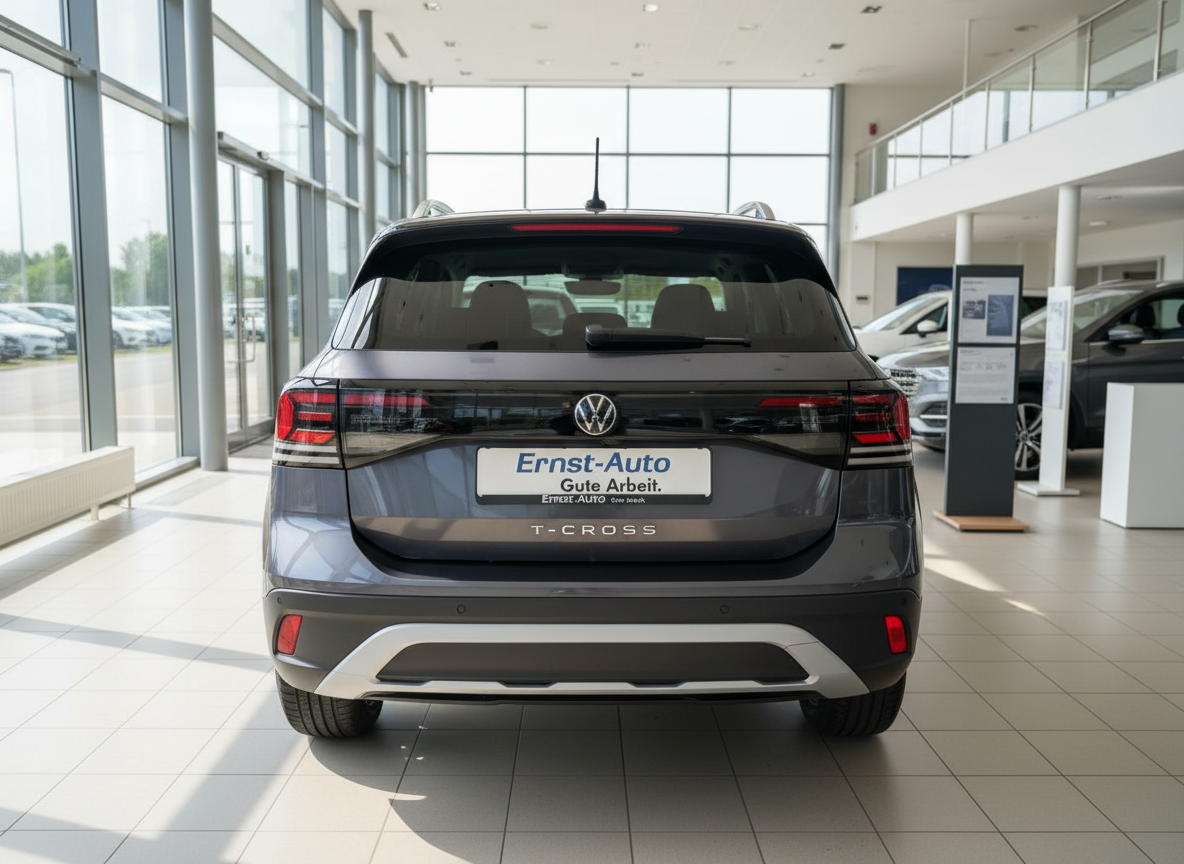 Volkswagen T-Cross in Grau von hinten im Autohaus Ernst-Auto