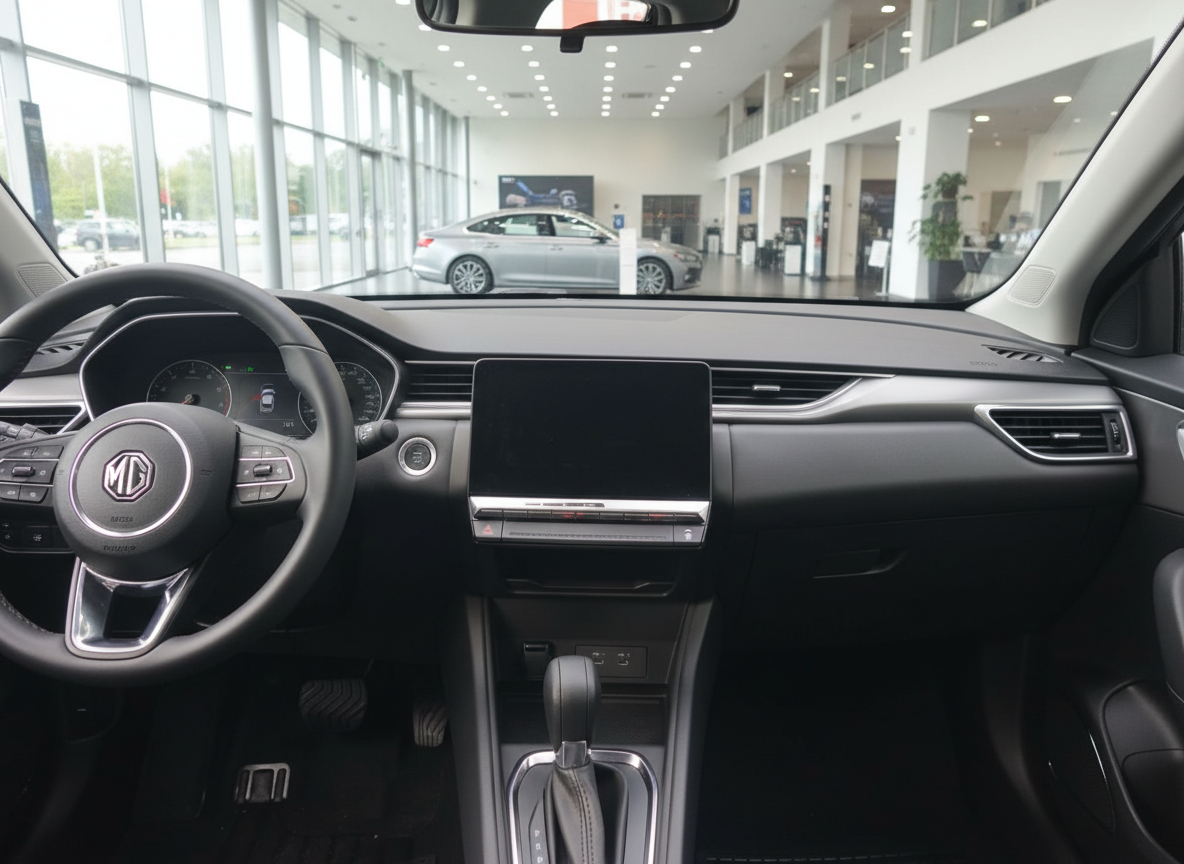 MG Innenraum mit schwarzem Lenkrad, zentralem Touchscreen und Automatikgetriebe im Autohaus