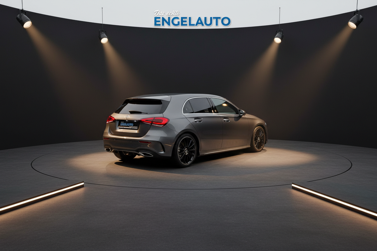 Mercedes-Benz A-Klasse grau metallic Heckansicht im Showroom bei Engelauto Händler mit schwarzen Felgen und LED-Rückleuchten