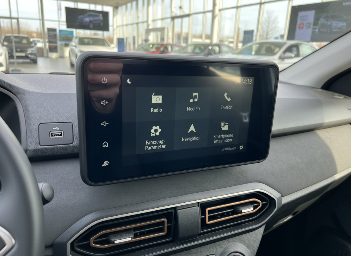 Dacia Infotainment-Display mit Radio, Navigation und Smartphone-Integration im Autohaus