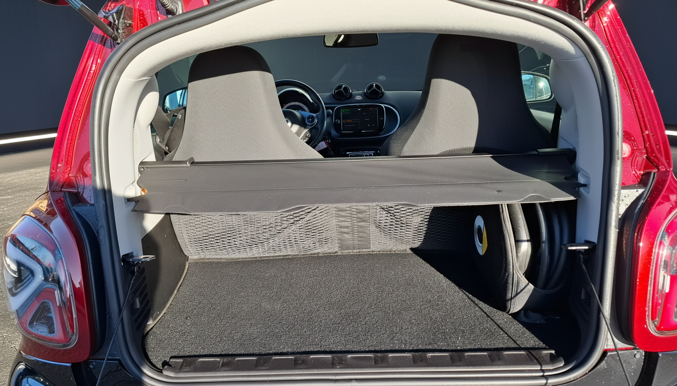 Smart ForTwo Kofferraum offen in Autohaus-Showroom, schwarz-rotes Stadtauto mit kompaktem Laderaum, Rückansicht auf glänzendem Ausstellungsboden