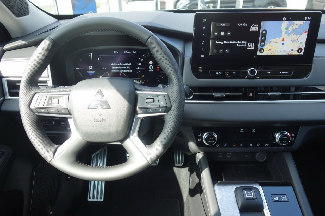 Mitsubishi Innenraum mit Lenkrad, digitalem Cockpit und Infotainment-System mit Navigation