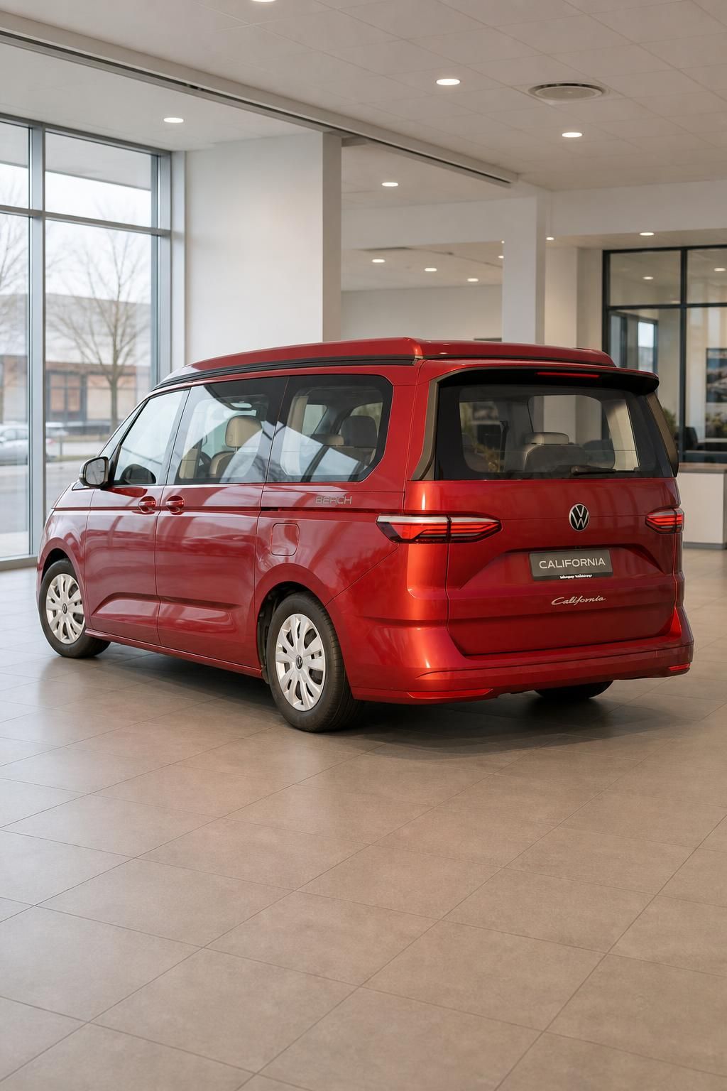 VW California Beach rot, Heckansicht mit California-Schriftzug