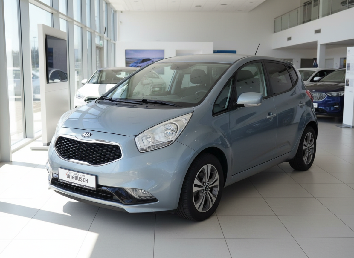 Kia Venga in Hellblau im Autohaus Wiebusch Showroom – Frontansicht schräg