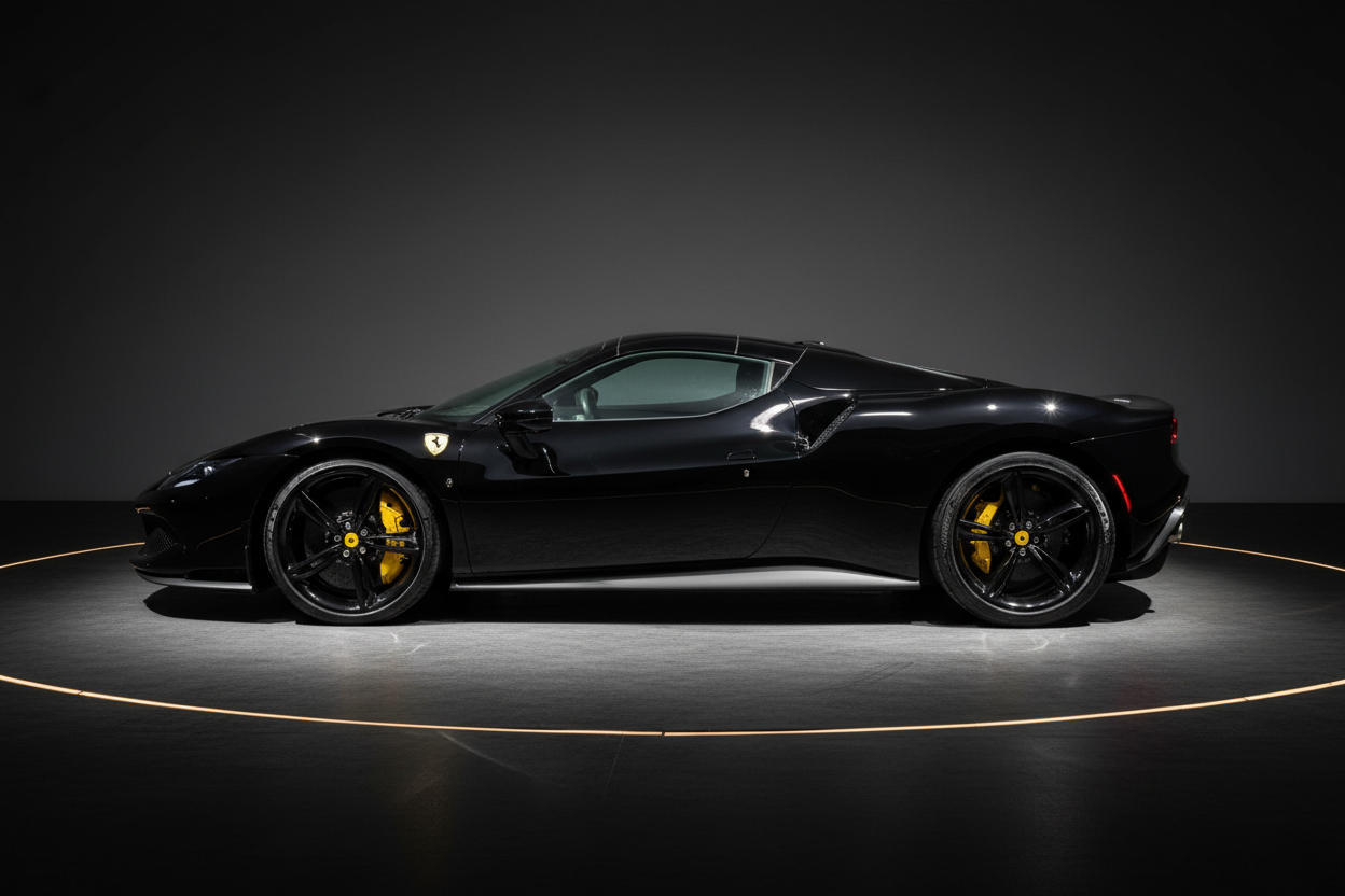 Schwarzer Ferrari 488 GTB Sportwagen Seitenansicht mit gelben Bremsscheiben und schwarzen Felgen im professionellen Studio mit dunklem Hintergrund und Spotlight-Beleuchtung