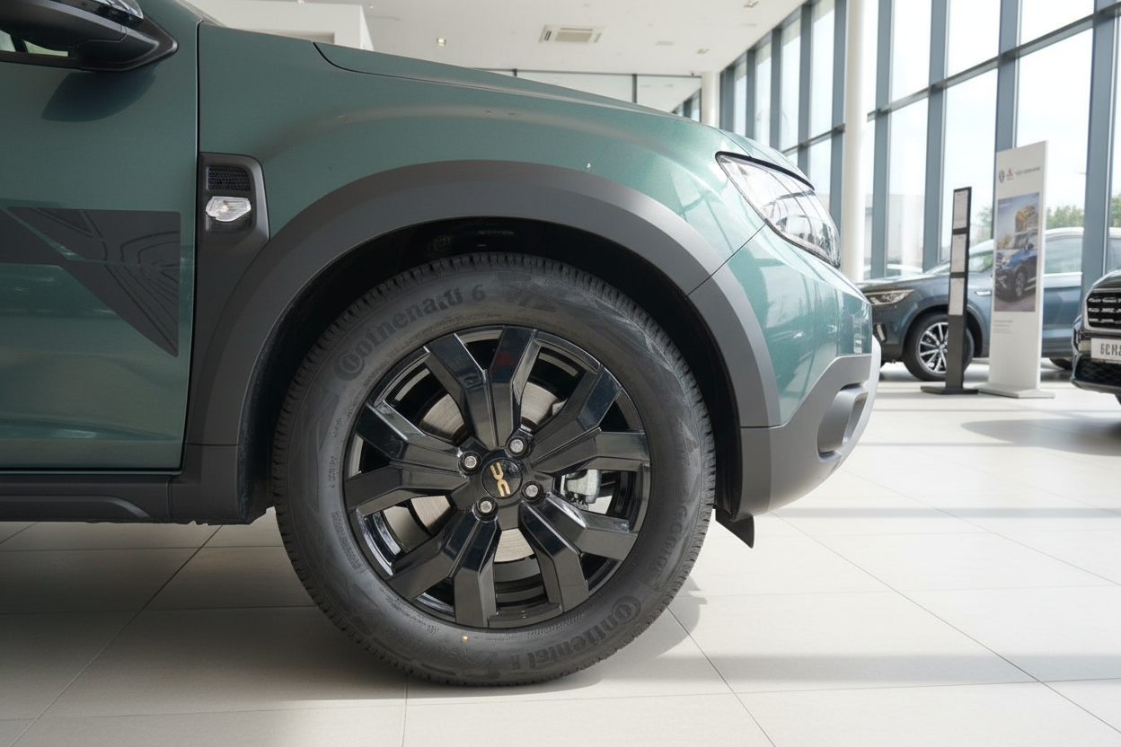 Grüner SUV auf schwarzen Leichtmetallfelgen mit Continental-Reifen im Autohaus-Showroom