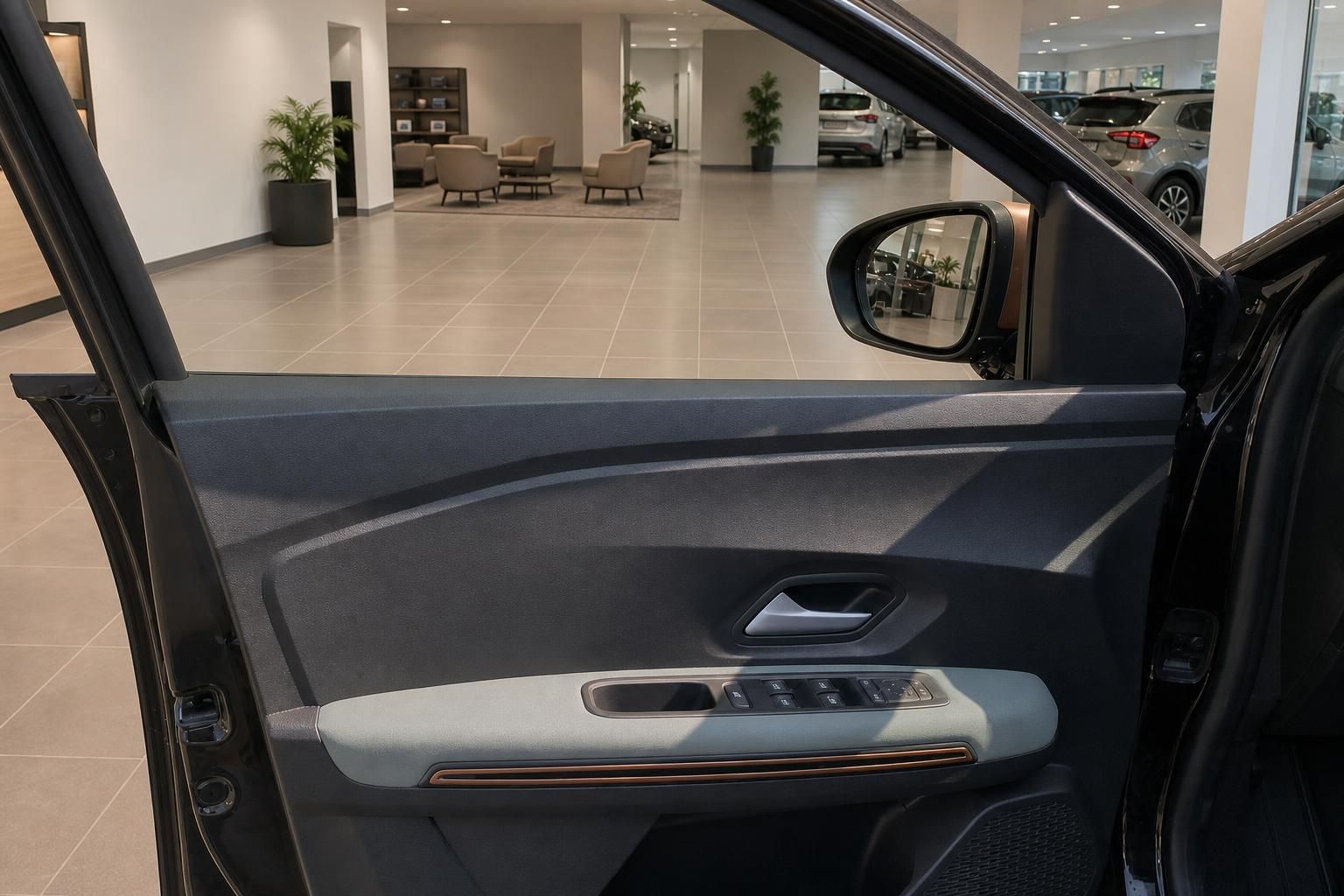 Fahrzeugtür geöffnet mit Türverkleidung, Fensterheber und Außenspiegel im Autohaus