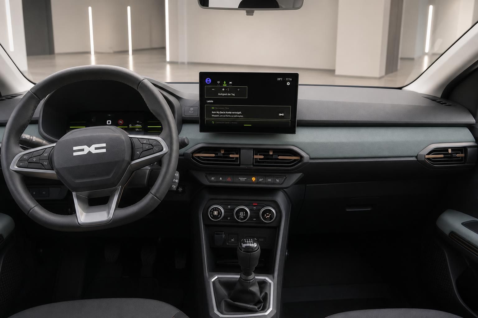 Dacia Cockpit mit Lenkrad, Touchscreen-Infotainment und Schaltgetriebe Innenansicht