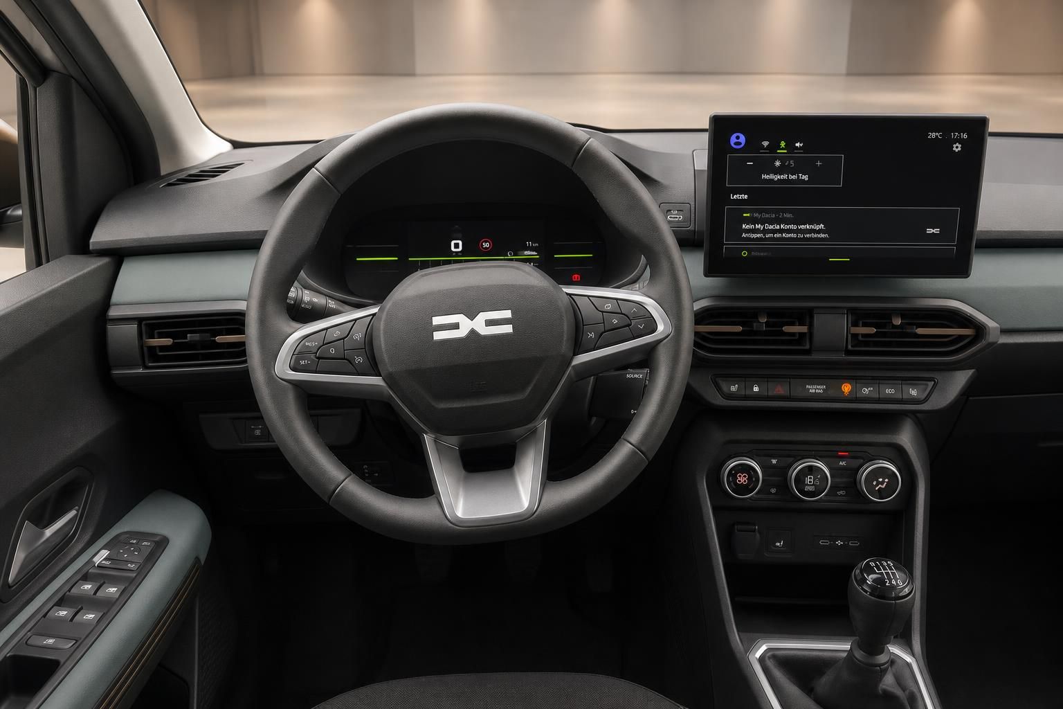 Dacia Innenraum Fahrerseite mit Lenkrad, digitalem Tacho und Touchscreen-Display
