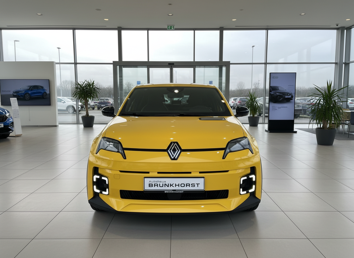 Gelber Renault 5 E-Tech Electric Frontansicht im Autohaus Brunkhorst Showroom