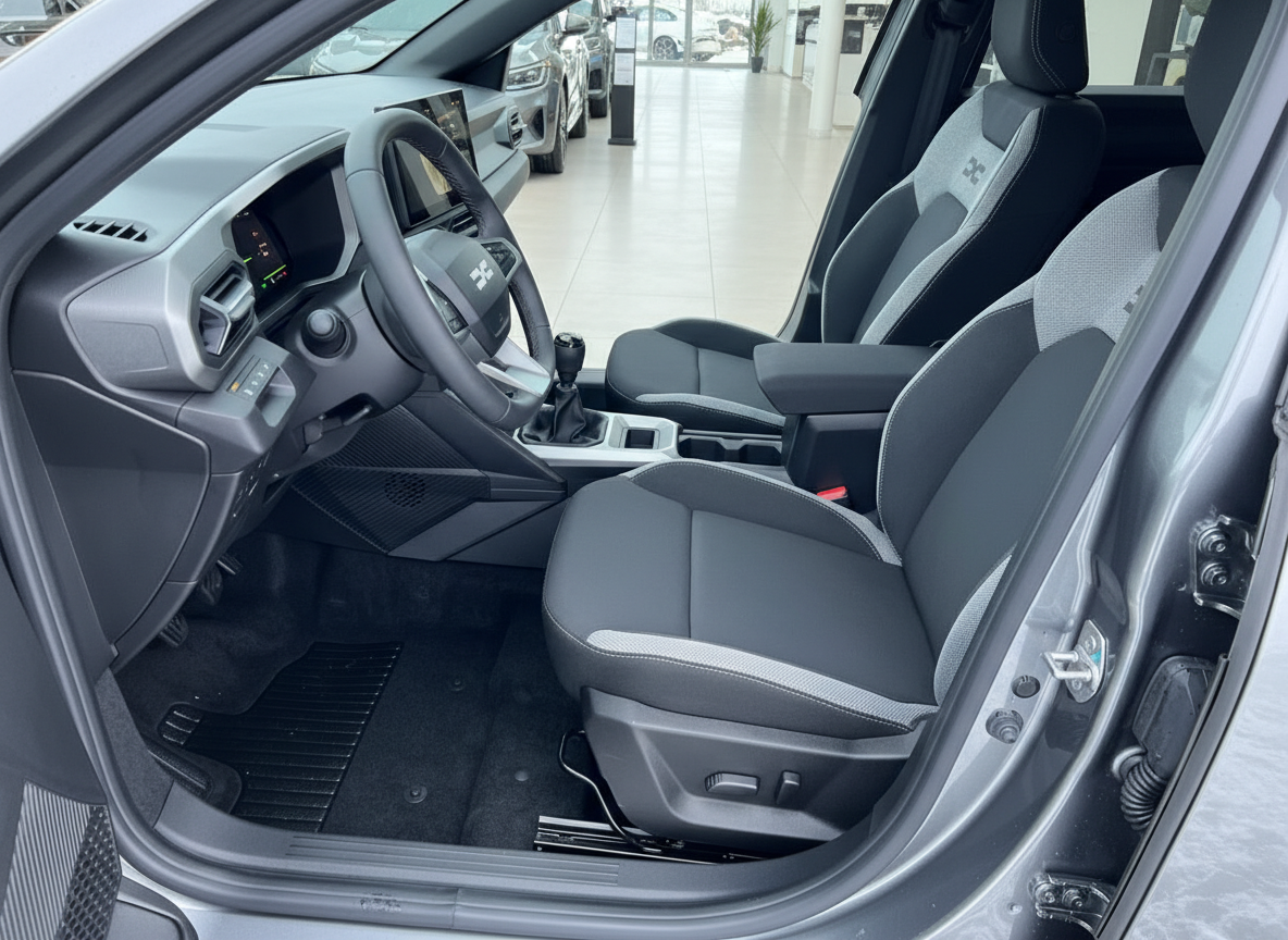 Modernes Fahrzeug Innenraum mit schwarzen Sportsitzen und digitalem Cockpit im Autohaus