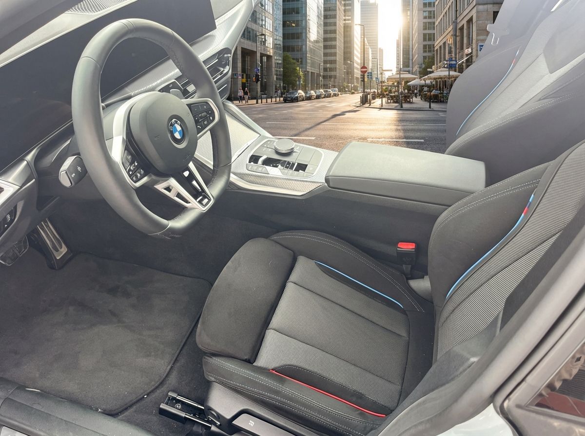 Innenraum BMW 3er Serie mit schwarzen Sportsitzen, M Sport Lenkrad, digitalem Curved Display, Mittelkonsole mit iDrive Controller und blauen Ambientebeleuchtung-Akzenten im Autohaus