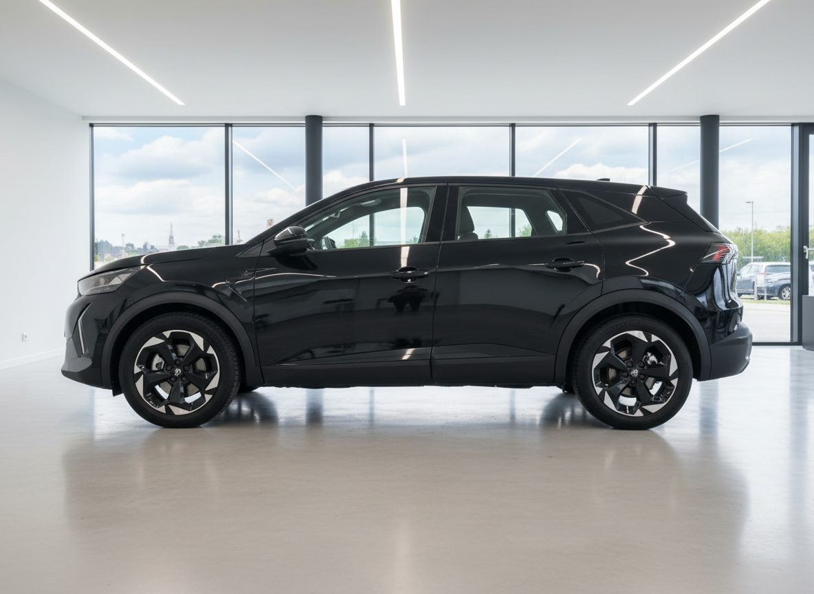 Schwarzer SUV in Fahrzeugausstellung – seitliche Profilansicht im Showroom