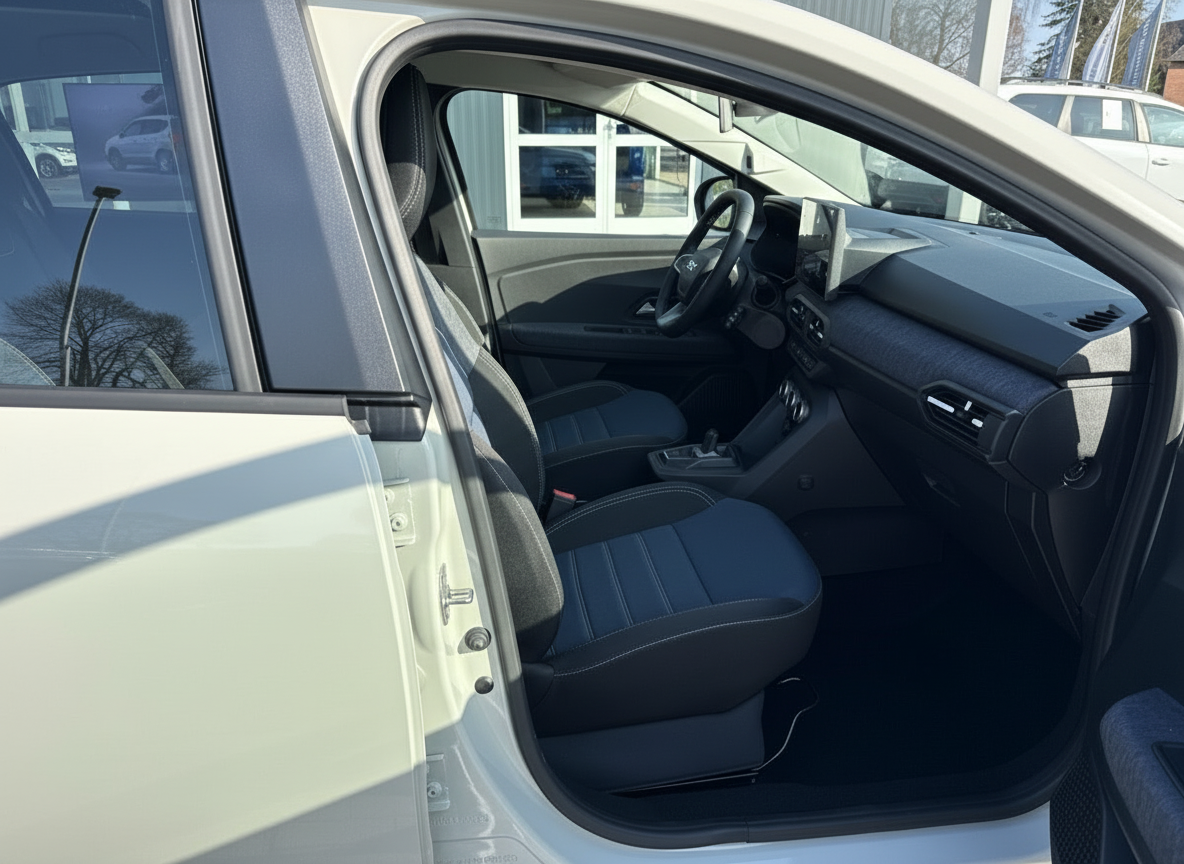 Weißer Kleinwagen Innenraum mit schwarzen Sitzen und modernem Cockpit, Fahrerseite geöffnet