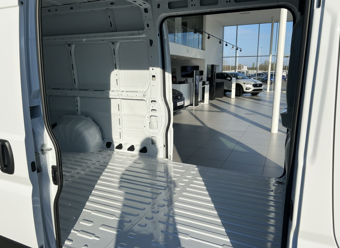 Weißer Kastenwagen Laderaum innen – geräumiger Nutzfahrzeug-Cargo-Bereich im Autohaus