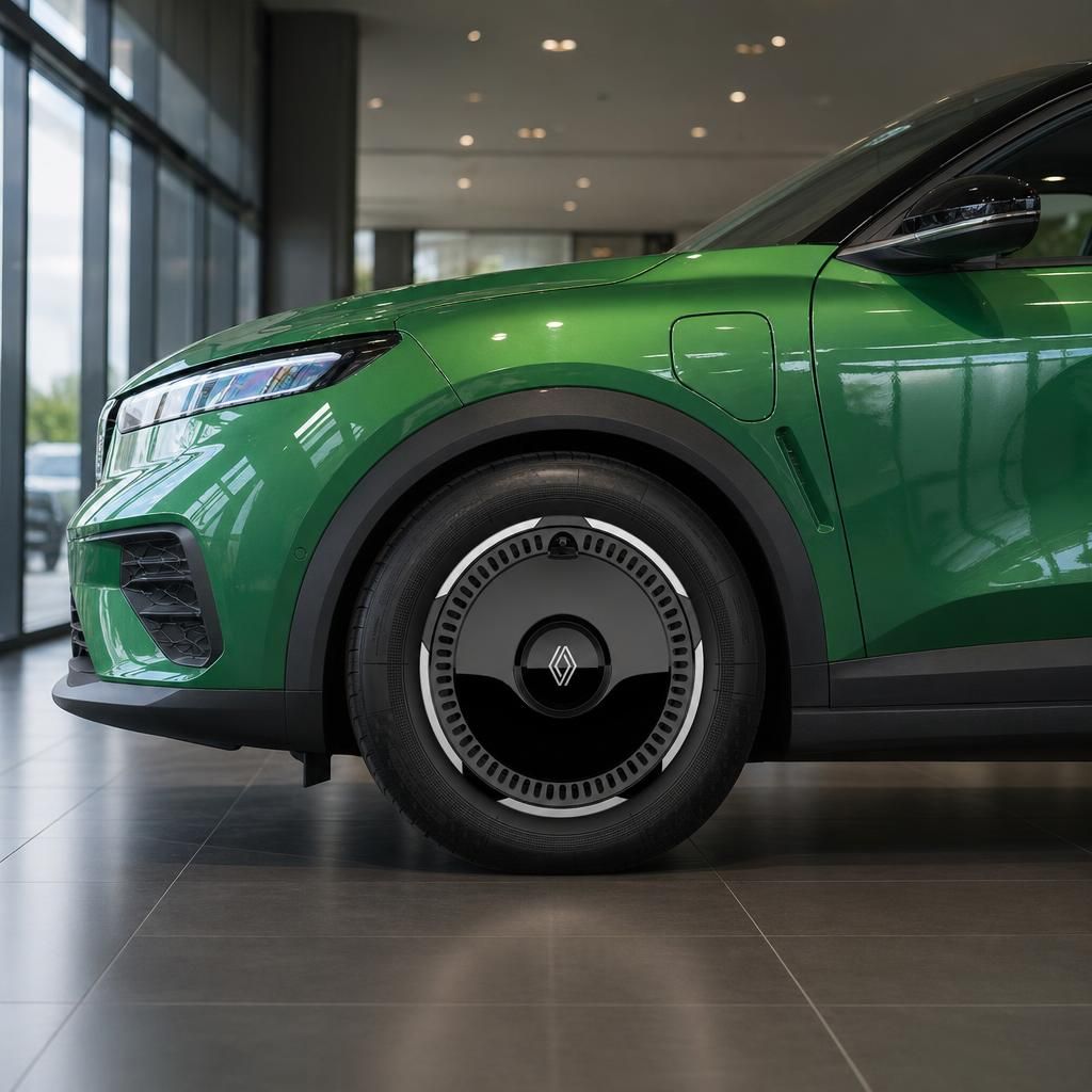 Detailansicht grüner Renault Frontbereich mit Scheinwerfer und Radkasten im Showroom